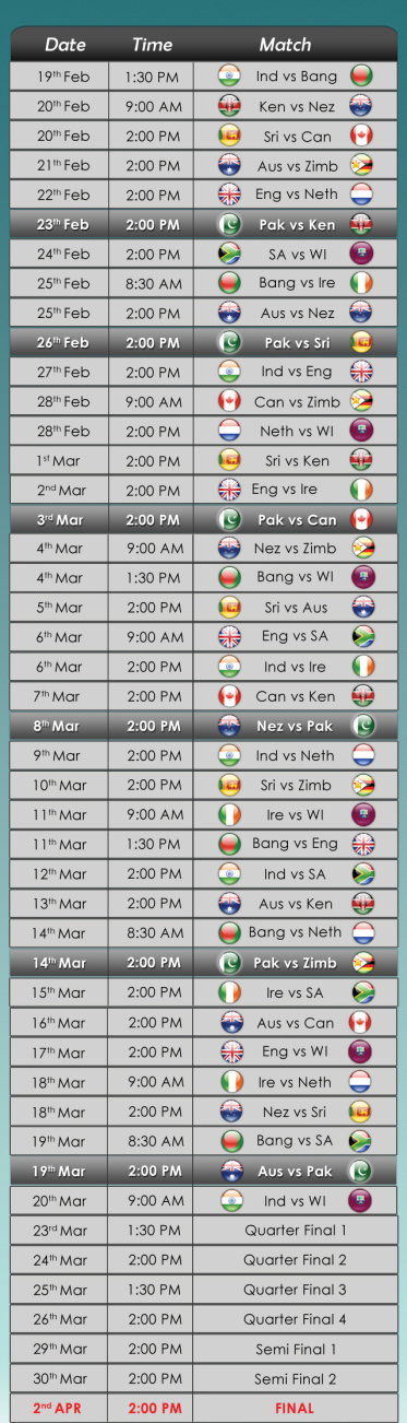 icc world cup 2011 schedule with time. with Icc+world+cup+2011+